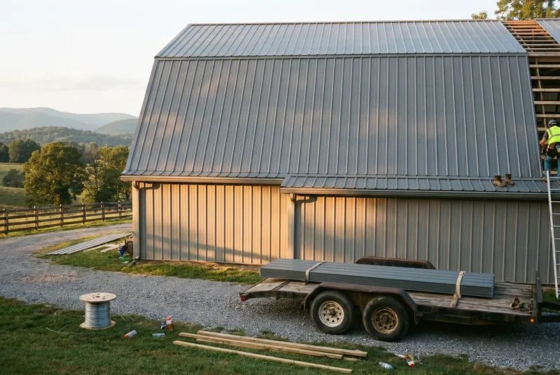 gambrel barn with a gray metal roof on a hillside pasture (sample photo)