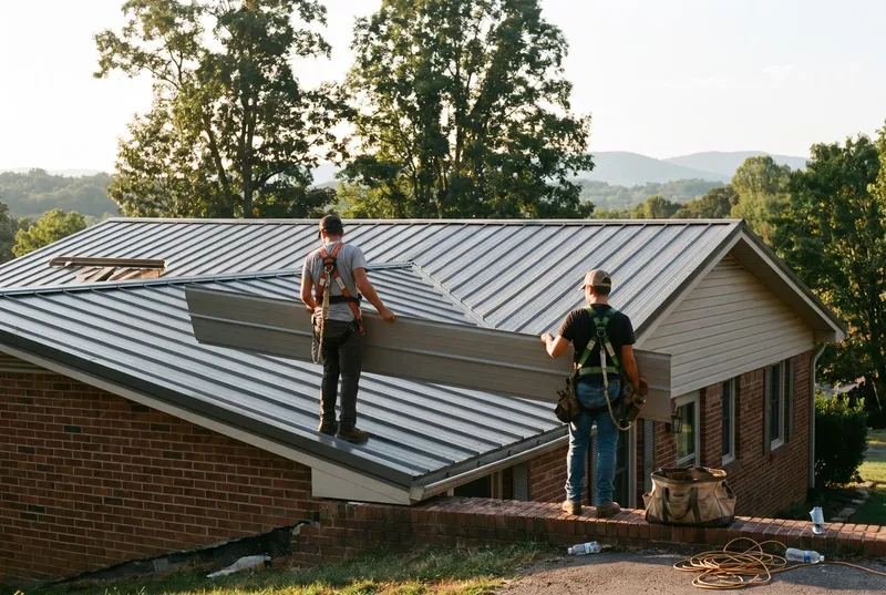 PHOTO · crew checking a panel at the eave, ridge line behind (sample photo)