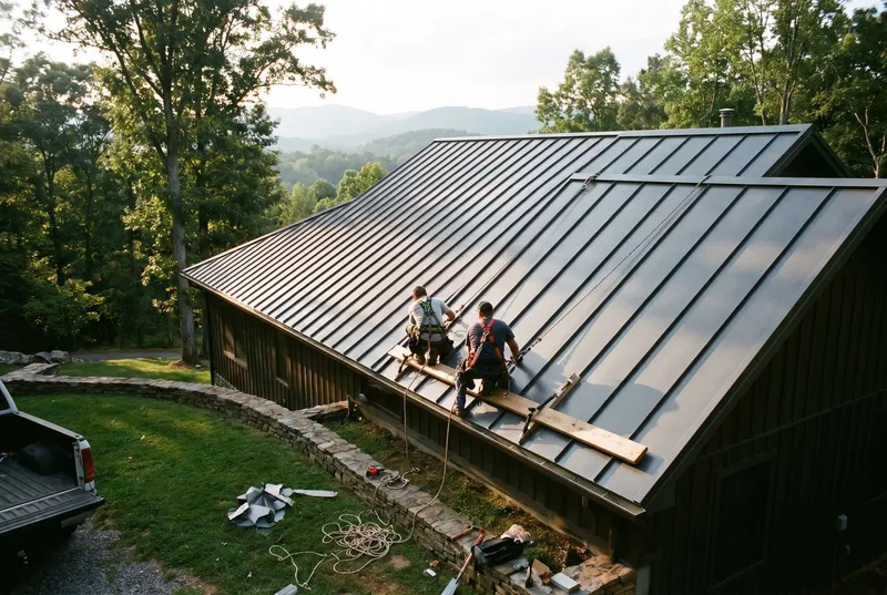 steep-pitch metal roof on a hillside lot with roof jacks and safety ropes (sample photo)