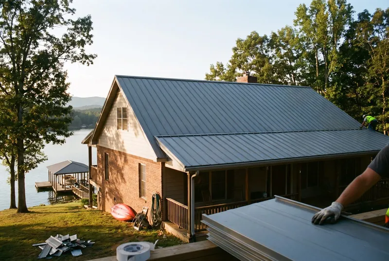 standing seam metal roof on a lakefront house with a boat dock (sample photo)