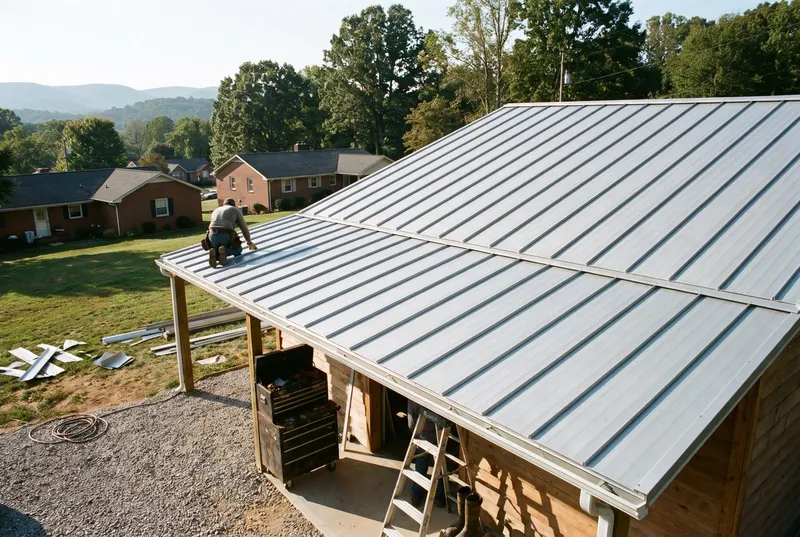 detached workshop with a galvalume R-panel roof and a carport lean-to (sample photo)